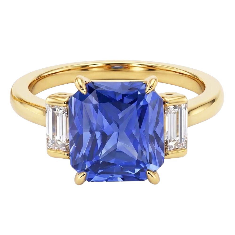 3 Stone Ring Radiant Blue Sapphire 2.50 Carats Baguette Natural Earth Mined Diamond ( Not Lab Grown )s