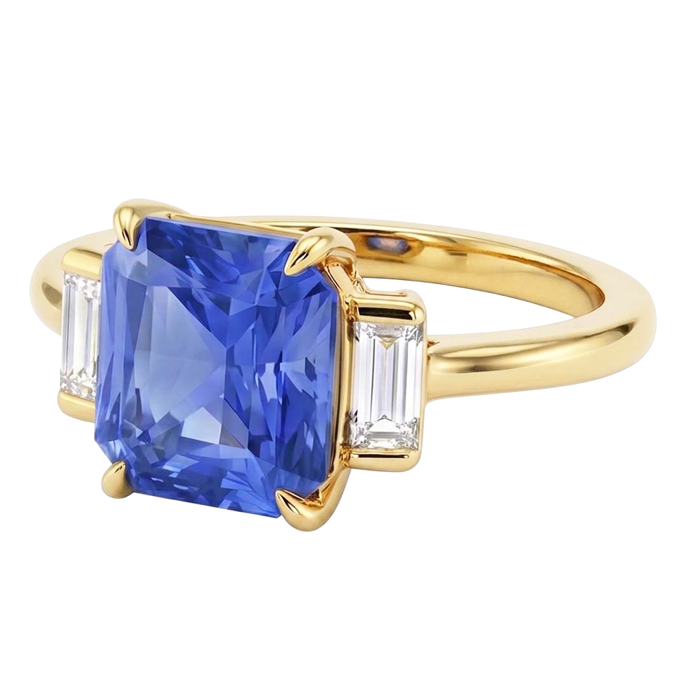 3 Stone Ring Radiant Blue Sapphire 2.50 Carats Baguette Natural Earth Mined Diamond ( Not Lab Grown )s