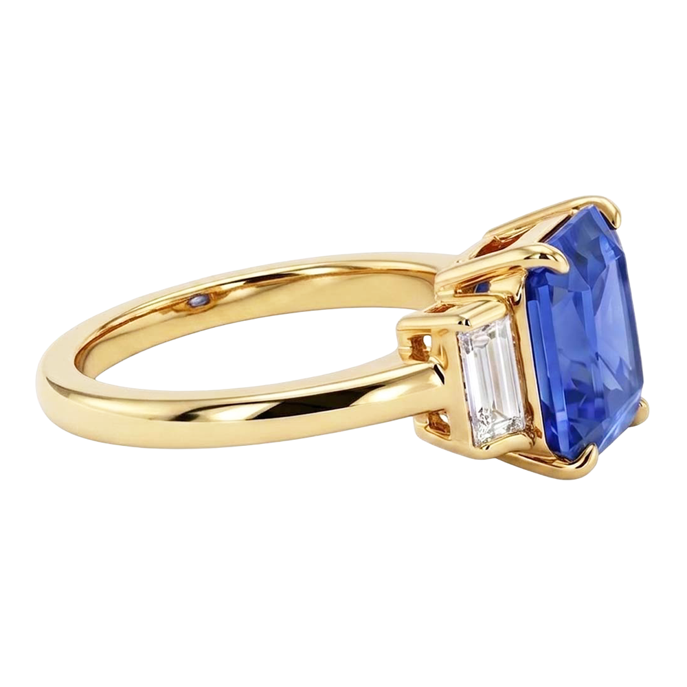 3 Stone Ring Radiant Blue Sapphire 2.50 Carats Baguette Natural Earth Mined Diamond ( Not Lab Grown )s