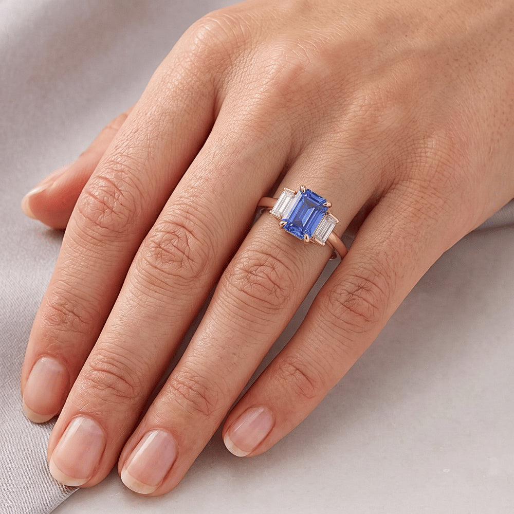 3 Stone Ring Radiant Blue Sapphire 2.50 Carats Baguette Natural Earth Mined Diamond ( Not Lab Grown )s