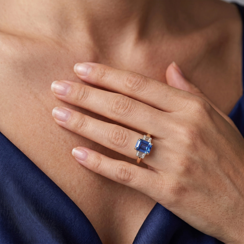 3 Stone Ring Radiant Blue Sapphire 2.50 Carats Baguette Natural Earth Mined Diamond ( Not Lab Grown )s