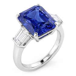 3 Stone Ring Radiant Sapphire & Baguette Natural Earth Mined Diamond ( Not Lab Grown )s 4 Carats White Gold