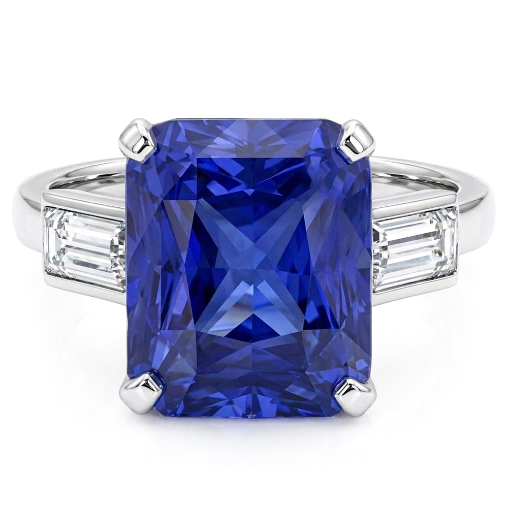 3 Stone Ring Radiant Sapphire & Baguette Natural Earth Mined Diamond ( Not Lab Grown )s 4 Carats White Gold