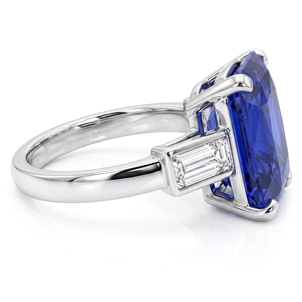 3 Stone Ring Radiant Sapphire & Baguette Natural Earth Mined Diamond ( Not Lab Grown )s 4 Carats White Gold