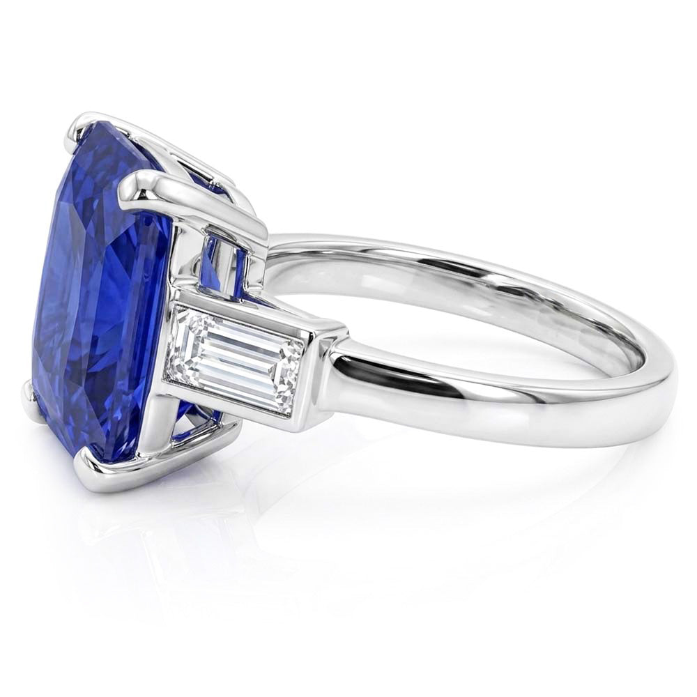 3 Stone Ring Radiant Sapphire & Baguette Natural Earth Mined Diamond ( Not Lab Grown )s 4 Carats White Gold