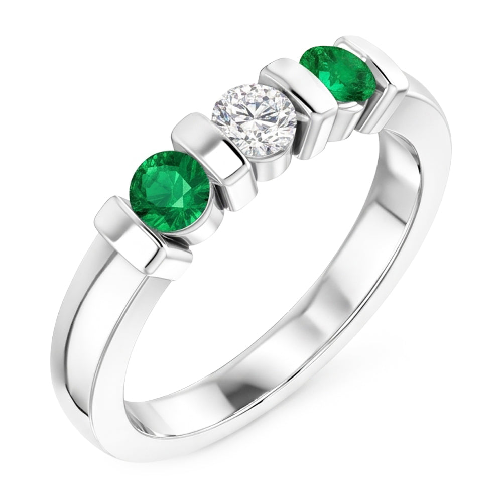 3 Stone Ring Real Round Natural Earth Mined Diamond ( Not Lab Grown ) Emerald 0.90 Carats Bar Setting