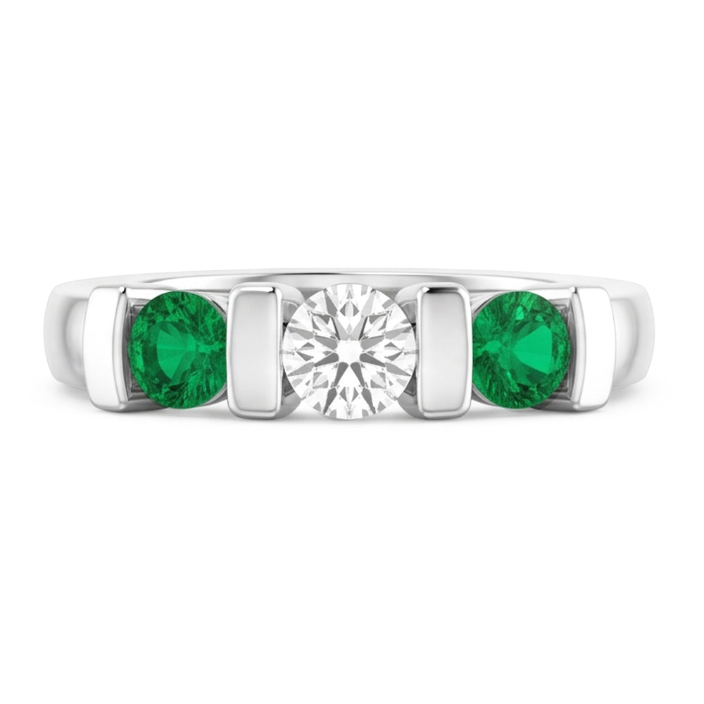 3 Stone Ring Real Round Natural Earth Mined Diamond ( Not Lab Grown ) Emerald 0.90 Carats Bar Setting