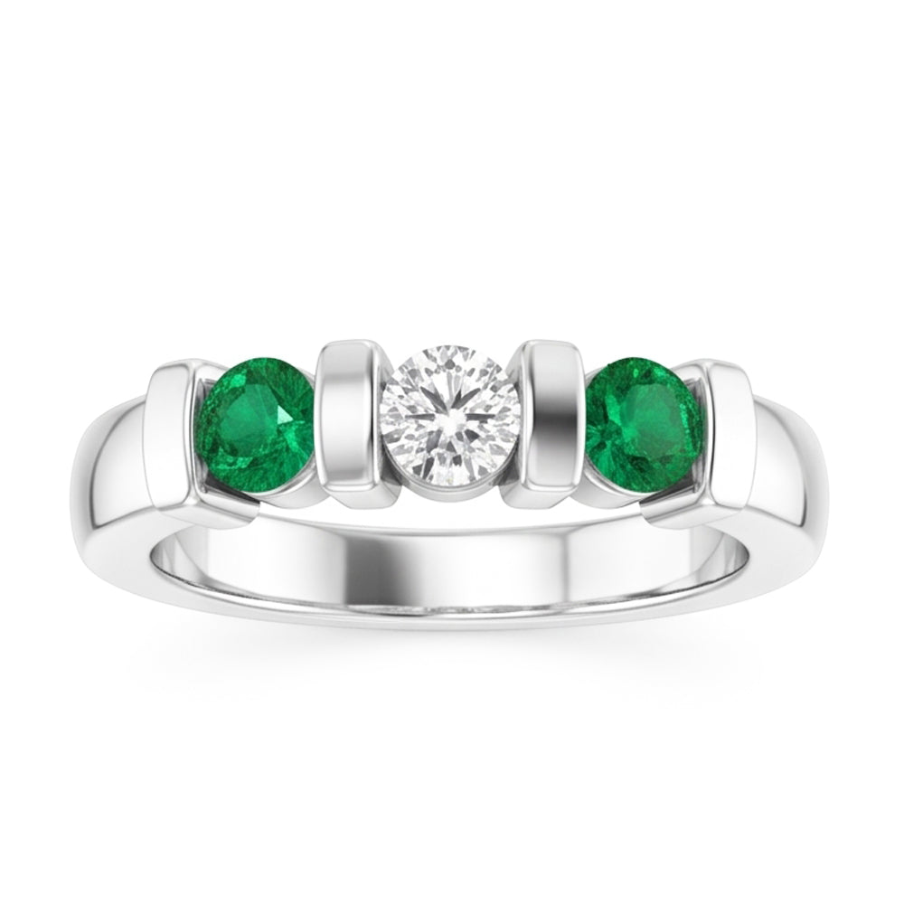 3 Stone Ring Real Round Natural Earth Mined Diamond ( Not Lab Grown ) Emerald 0.90 Carats Bar Setting