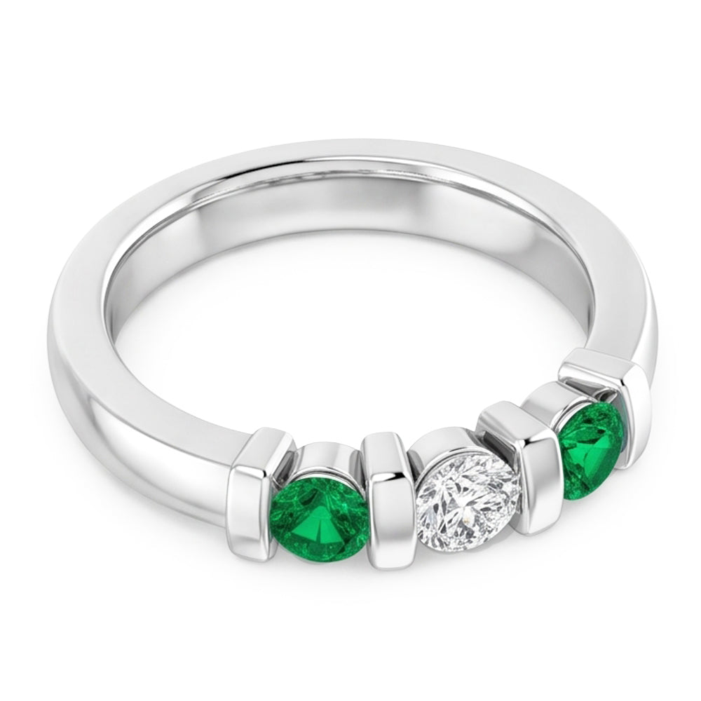 3 Stone Ring Real Round Natural Earth Mined Diamond ( Not Lab Grown ) Emerald 0.90 Carats Bar Setting