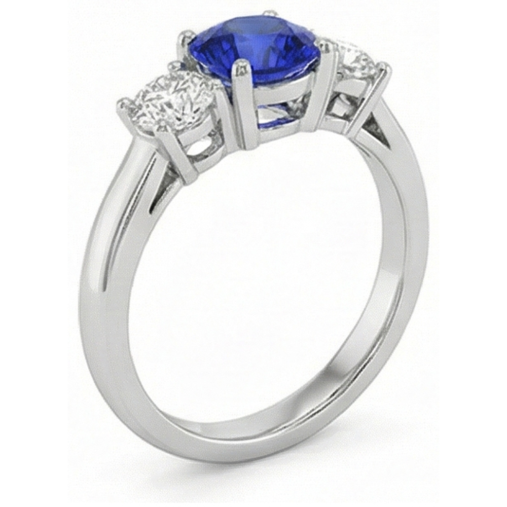 3 Stone Round Blue Sapphire Natural Earth Mined Diamond ( Not Lab Grown ) Ring 4 Carats Prong Set Gold 14K