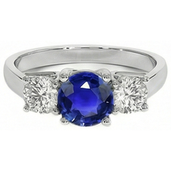 3 Stone Round Blue Sapphire Natural Earth Mined Diamond ( Not Lab Grown ) Ring 4 Carats Prong Set Gold 14K