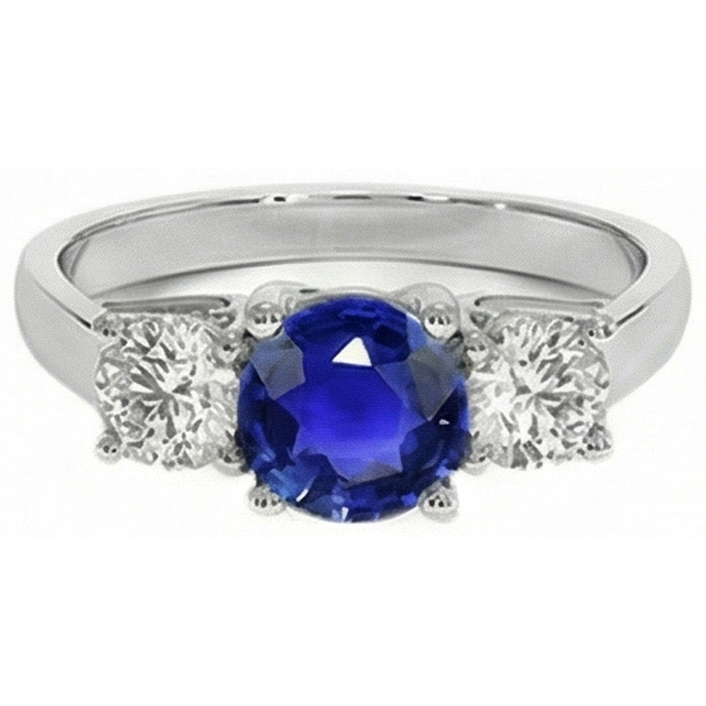 3 Stone Round Blue Sapphire Natural Earth Mined Diamond ( Not Lab Grown ) Ring 4 Carats Prong Set Gold 14K