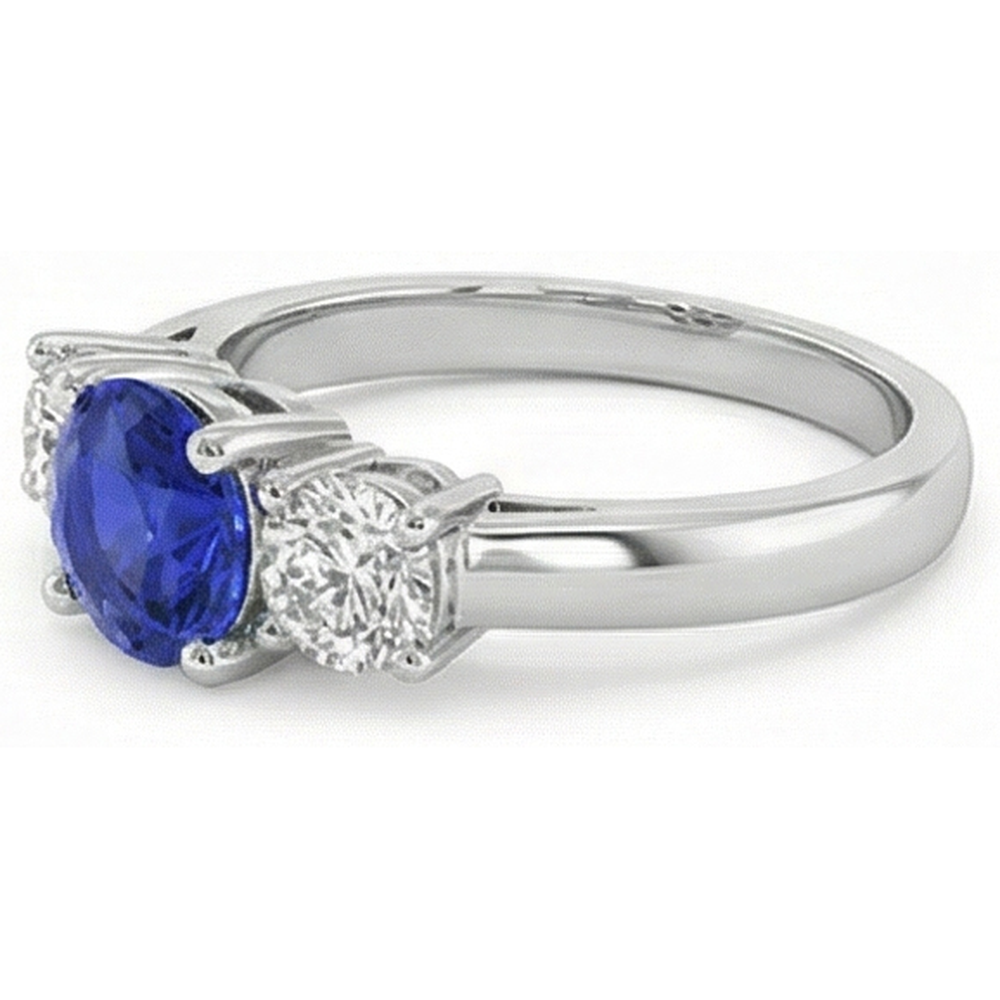 3 Stone Round Blue Sapphire Natural Earth Mined Diamond ( Not Lab Grown ) Ring 4 Carats Prong Set Gold 14K