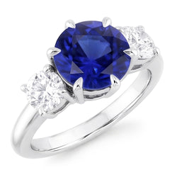 3 Stone Round Natural Earth Mined Diamond ( Not Lab Grown )s Deep Blue Sapphire Ring Prong Set 3.50 Carats