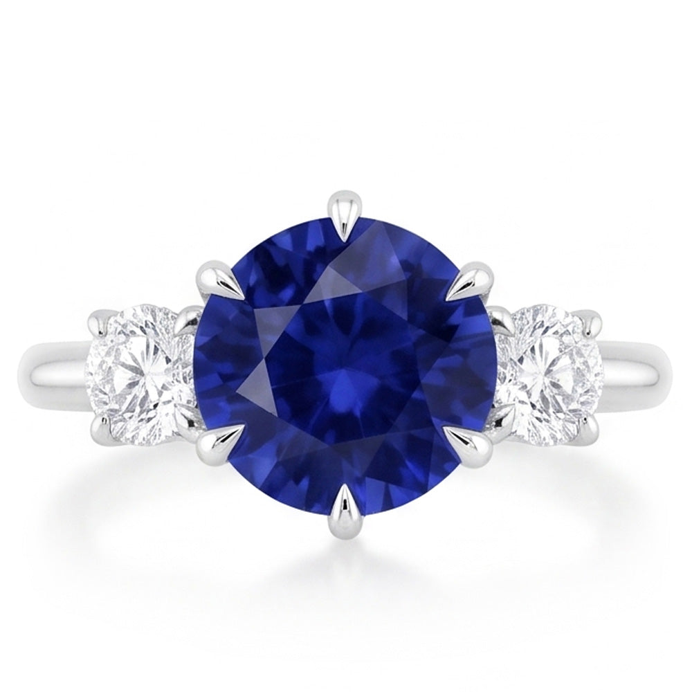 3 Stone Round Natural Earth Mined Diamond ( Not Lab Grown )s Deep Blue Sapphire Ring Prong Set 3.50 Carats