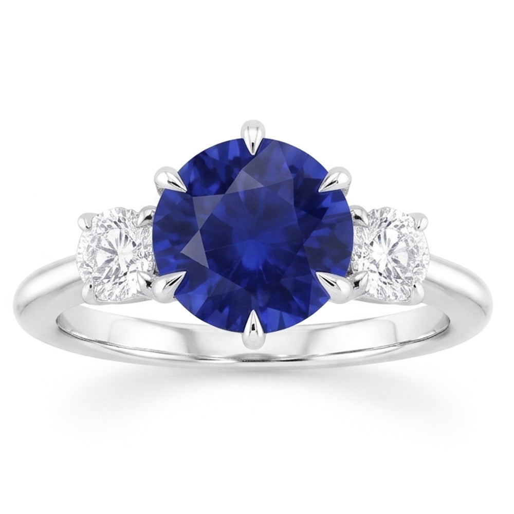 3 Stone Round Natural Earth Mined Diamond ( Not Lab Grown )s Deep Blue Sapphire Ring Prong Set 3.50 Carats
