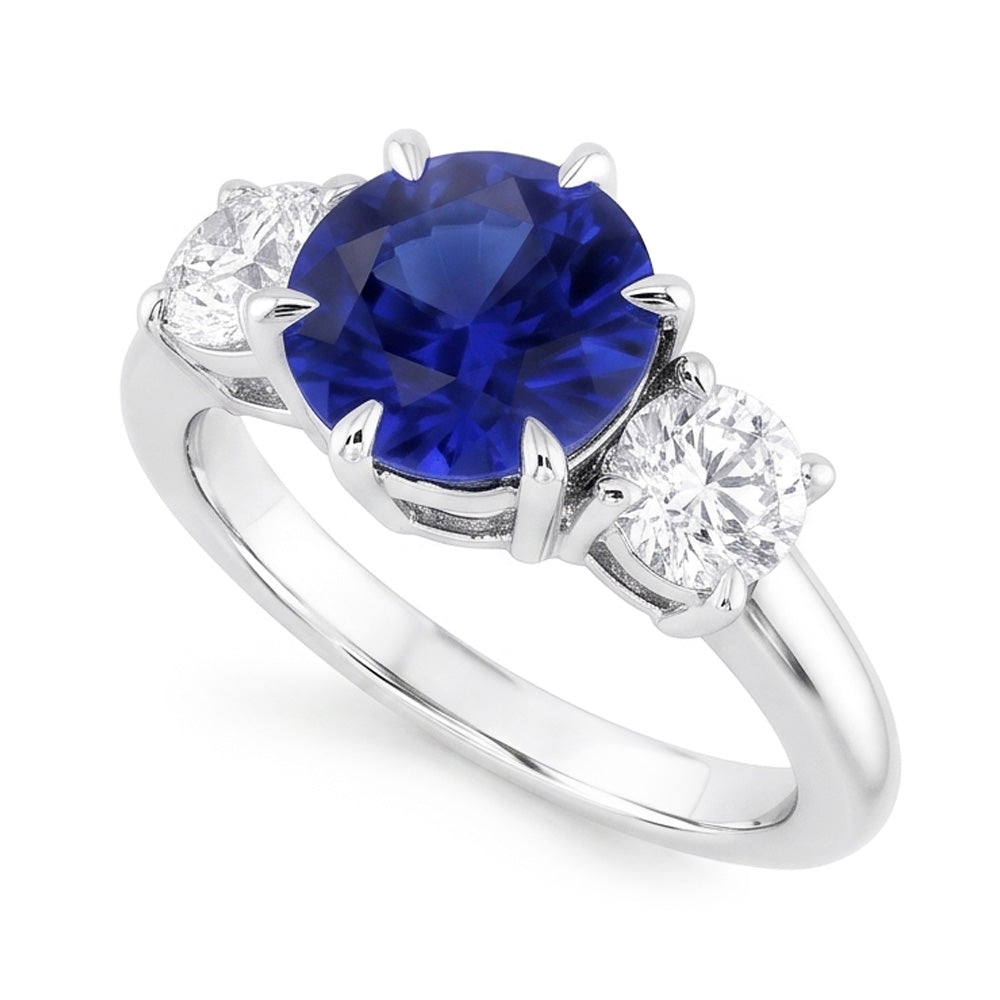 3 Stone Round Natural Earth Mined Diamond ( Not Lab Grown )s Deep Blue Sapphire Ring Prong Set 3.50 Carats