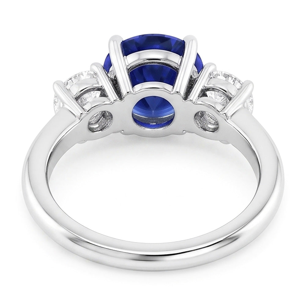 3 Stone Round Natural Earth Mined Diamond ( Not Lab Grown )s Deep Blue Sapphire Ring Prong Set 3.50 Carats