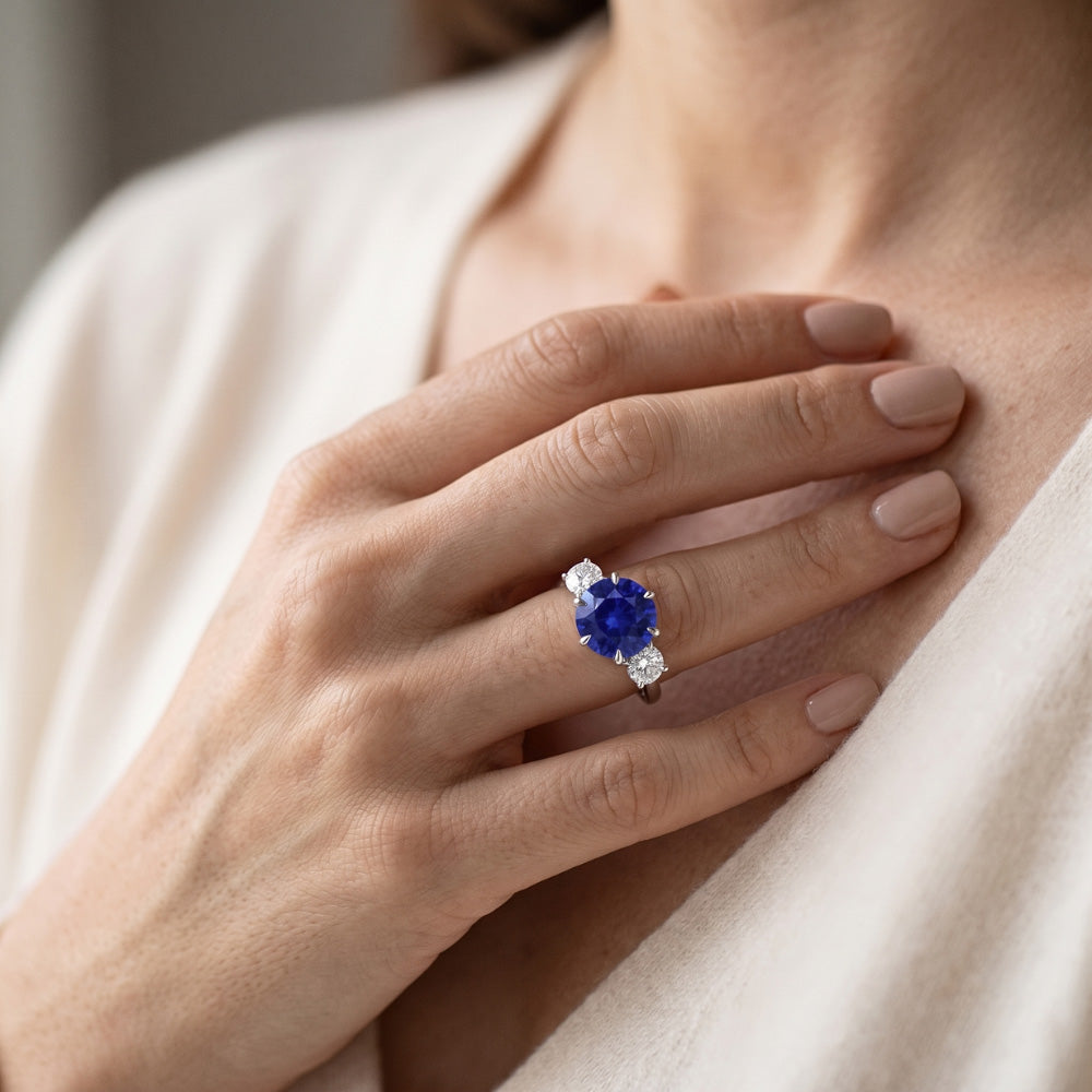 3 Stone Round Natural Earth Mined Diamond ( Not Lab Grown )s Deep Blue Sapphire Ring Prong Set 3.50 Carats