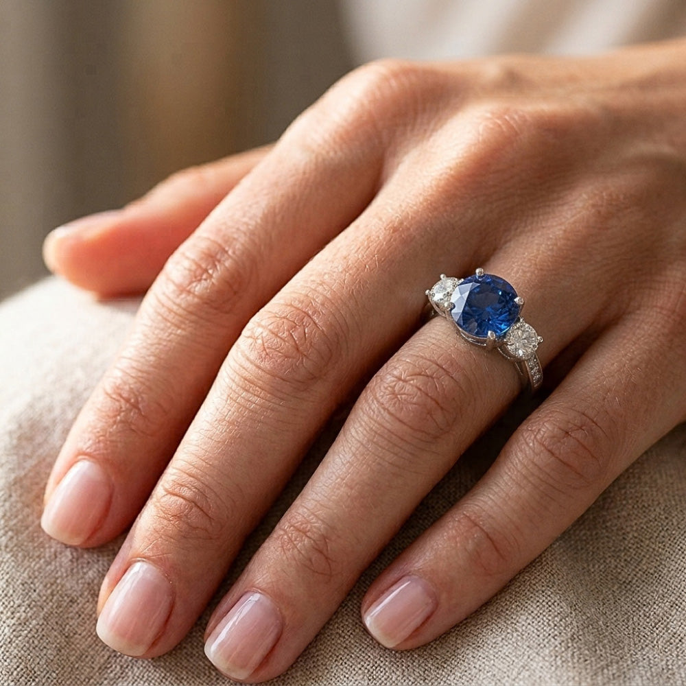 3 Stone Style 3.80 Ct Sapphire And Natural Earth Mined Diamond ( Not Lab Grown )s Wedding Ring White Gold