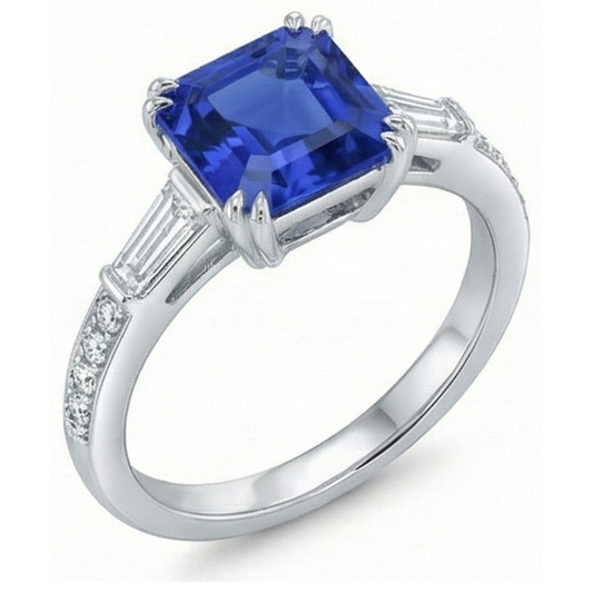 3 Stone Style Asscher Sapphire Ring 3 Carats Baguette & Round Natural Earth Mined Diamond ( Not Lab Grown )s