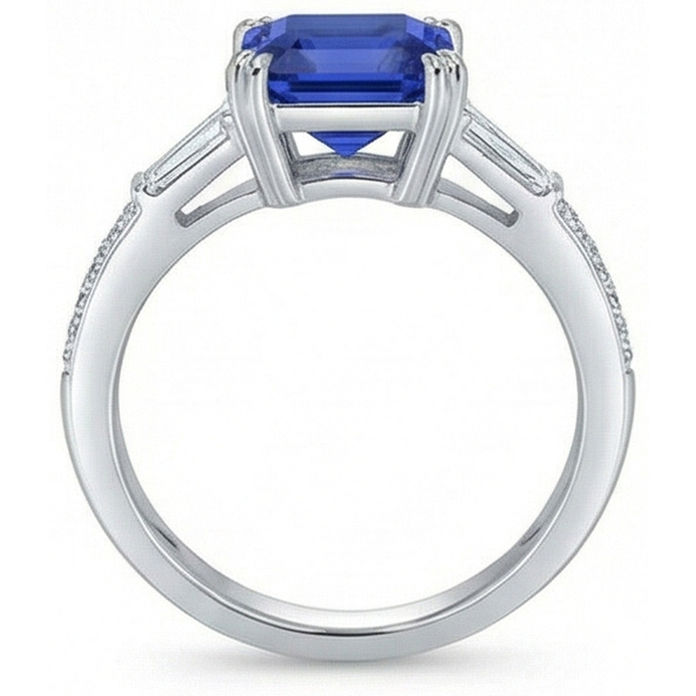 3 Stone Style Asscher Sapphire Ring 3 Carats Baguette & Round Natural Earth Mined Diamond ( Not Lab Grown )s