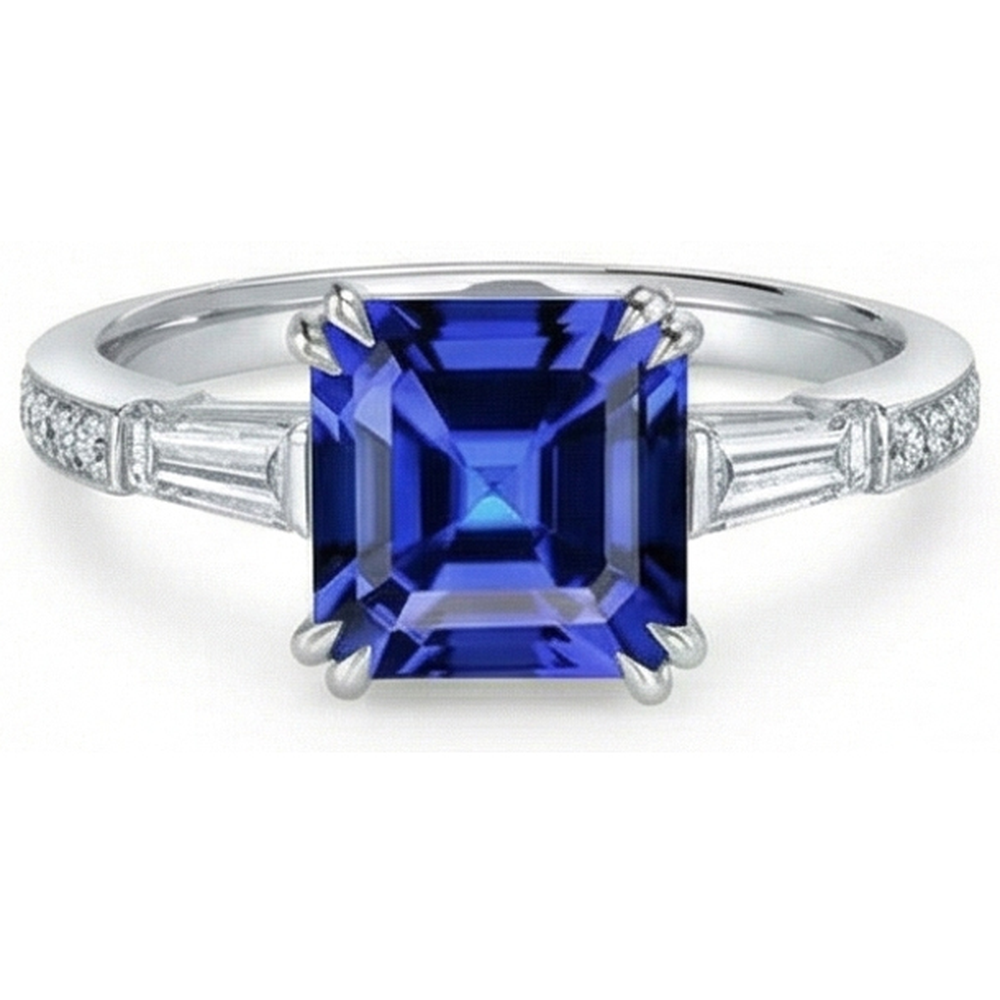 3 Stone Style Asscher Sapphire Ring 3 Carats Baguette & Round Natural Earth Mined Diamond ( Not Lab Grown )s