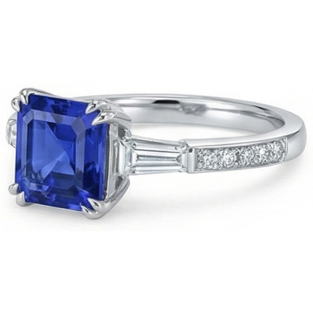 3 Stone Style Asscher Sapphire Ring 3 Carats Baguette & Round Natural Earth Mined Diamond ( Not Lab Grown )s