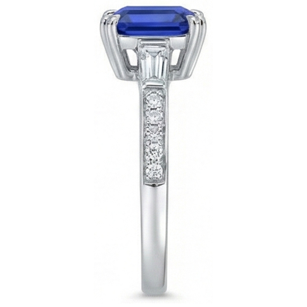 3 Stone Style Asscher Sapphire Ring 3 Carats Baguette & Round Natural Earth Mined Diamond ( Not Lab Grown )s