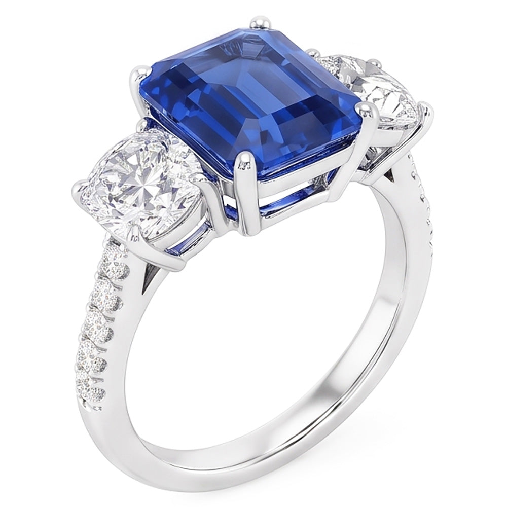 3 Stone Style Emerald Blue Sapphire Ring With Accents Gold 2.50 Carats