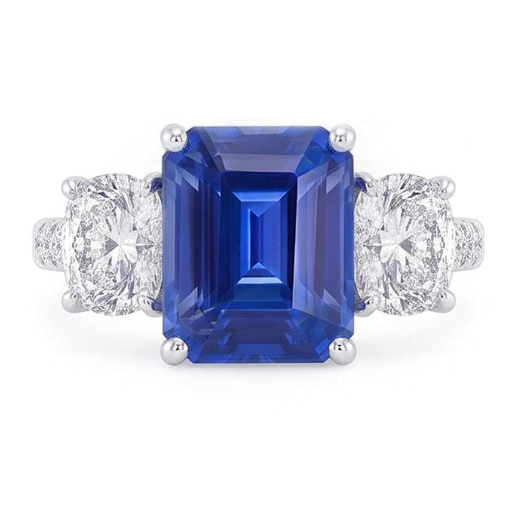 3 Stone Style Emerald Blue Sapphire Ring With Accents Gold 2.50 Carats