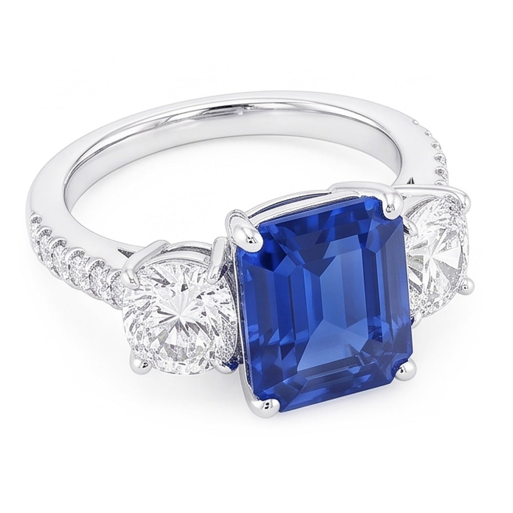 3 Stone Style Emerald Blue Sapphire Ring With Accents Gold 2.50 Carats