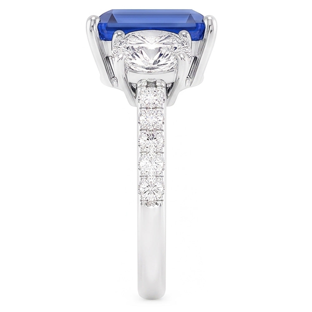 3 Stone Style Emerald Blue Sapphire Ring With Accents Gold 2.50 Carats