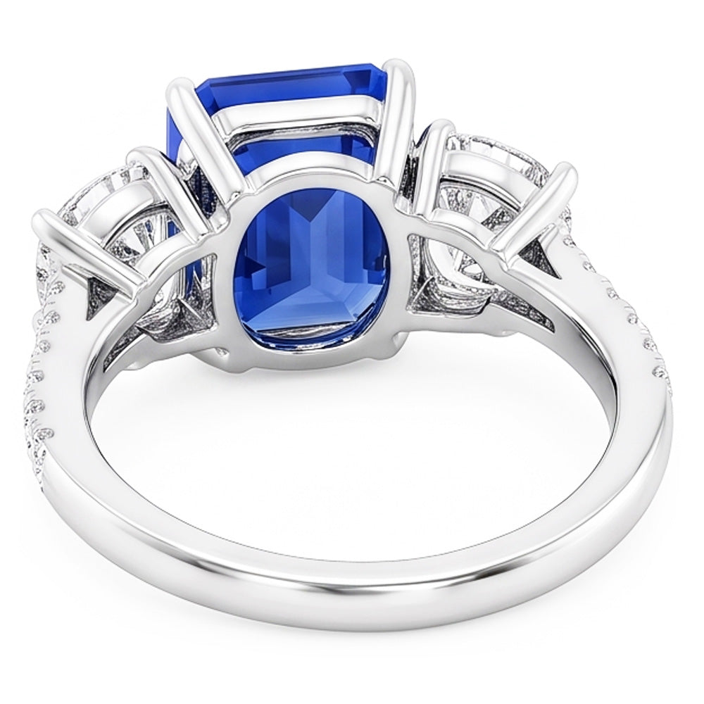 3 Stone Style Emerald Blue Sapphire Ring With Accents Gold 2.50 Carats