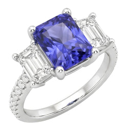 3 Stone Style Emerald Natural Earth Mined Diamond ( Not Lab Grown ) Blue Sapphire Ring Radiant Cut 4 Carats