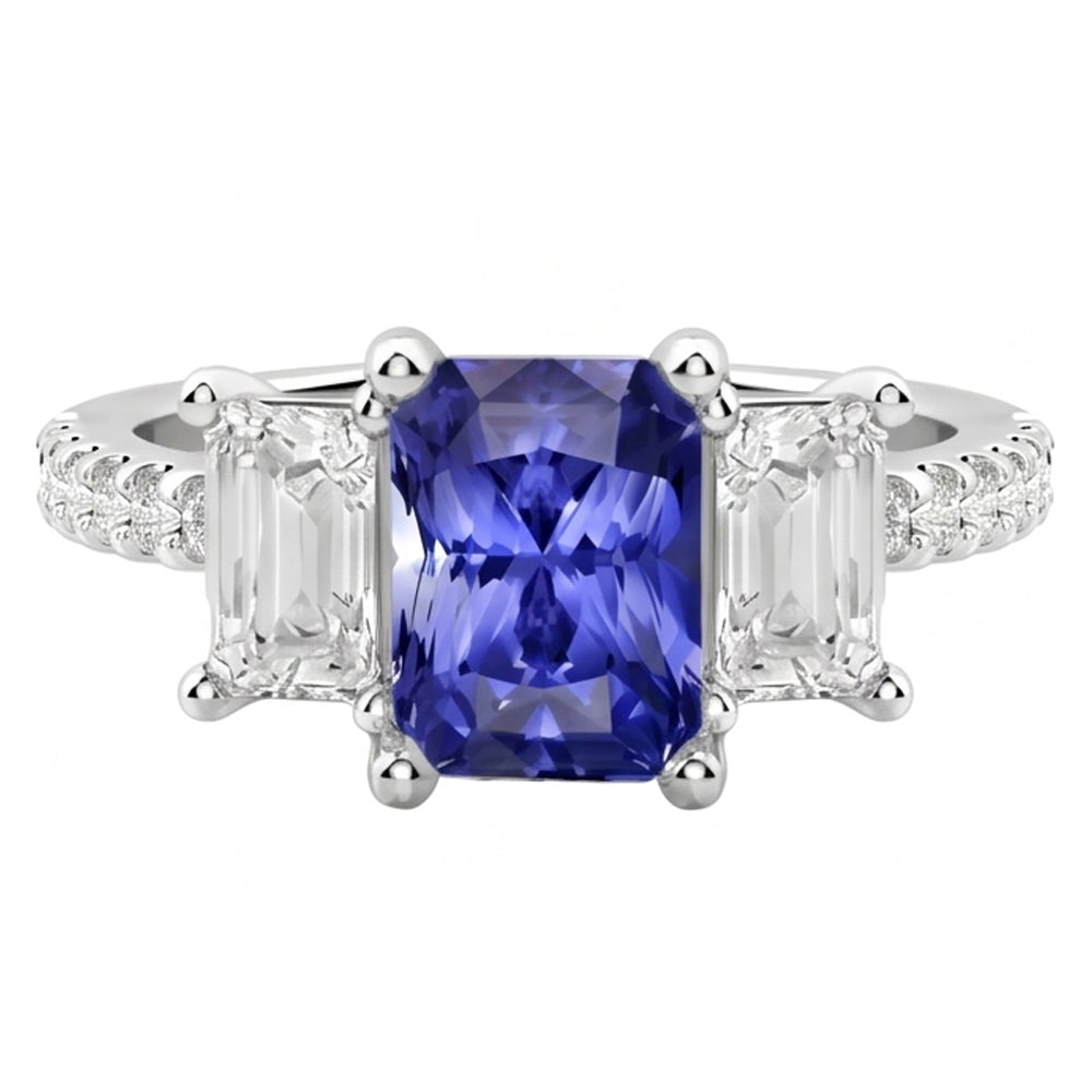 3 Stone Style Emerald Natural Earth Mined Diamond ( Not Lab Grown ) Blue Sapphire Ring Radiant Cut 4 Carats