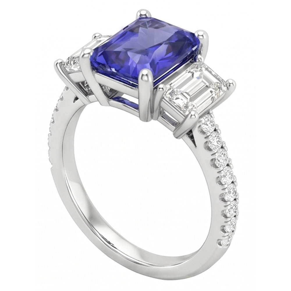 3 Stone Style Emerald Natural Earth Mined Diamond ( Not Lab Grown ) Blue Sapphire Ring Radiant Cut 4 Carats