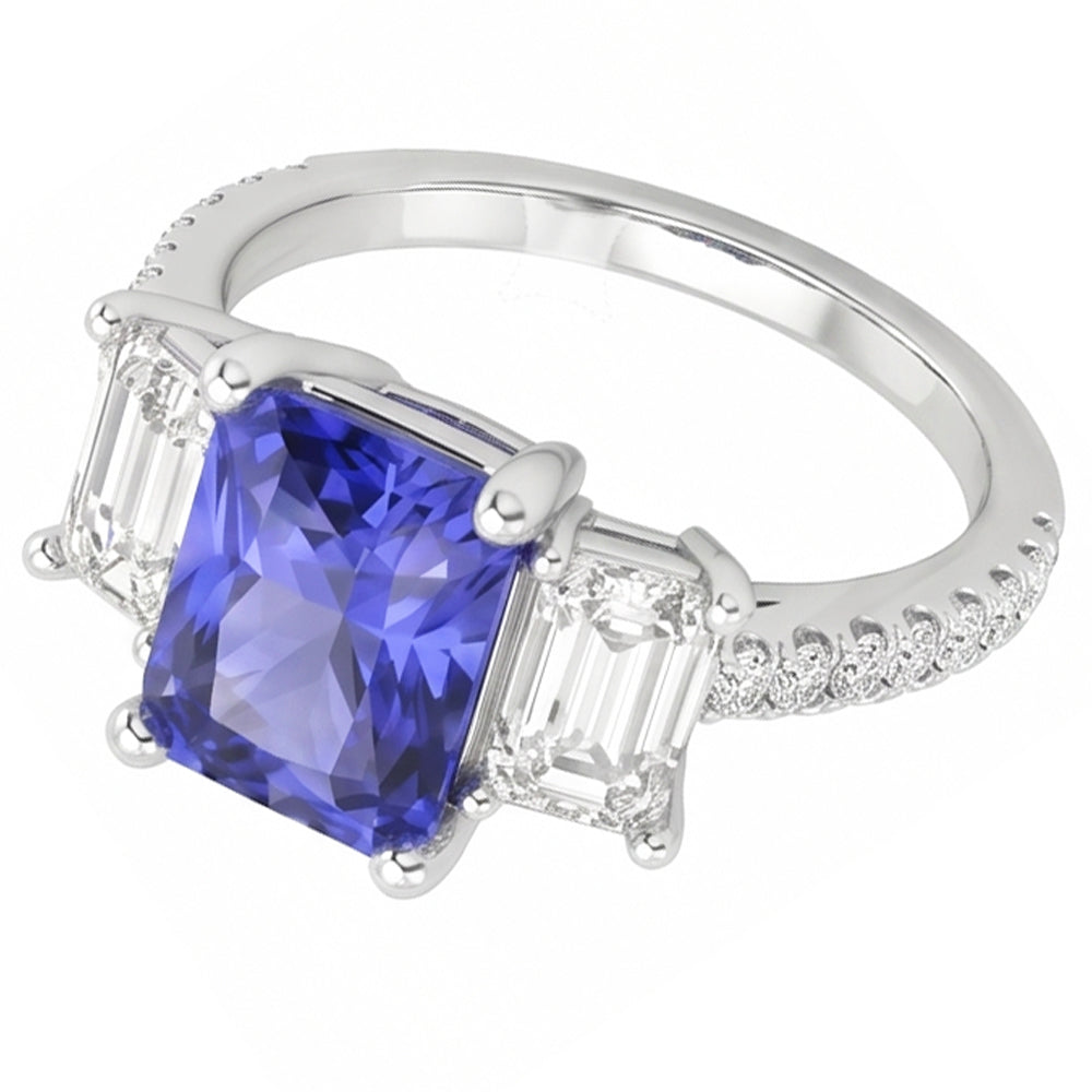 3 Stone Style Emerald Natural Earth Mined Diamond ( Not Lab Grown ) Blue Sapphire Ring Radiant Cut 4 Carats