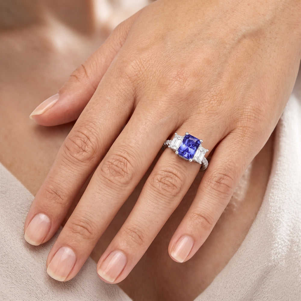 3 Stone Style Emerald Natural Earth Mined Diamond ( Not Lab Grown ) Blue Sapphire Ring Radiant Cut 4 Carats
