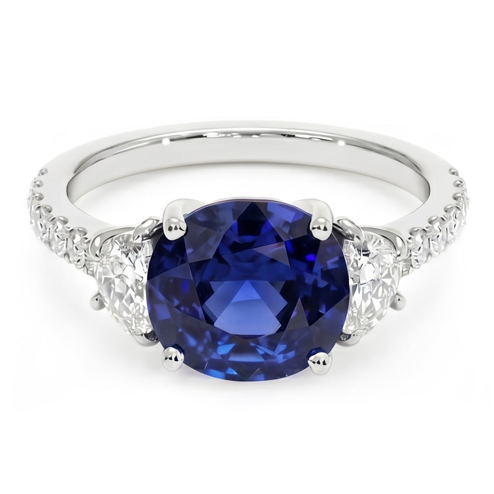 3 Stone Style Oval Ceylon Sapphire & Half Moon Natural Earth Mined Diamond ( Not Lab Grown )s Ring 11 Carats