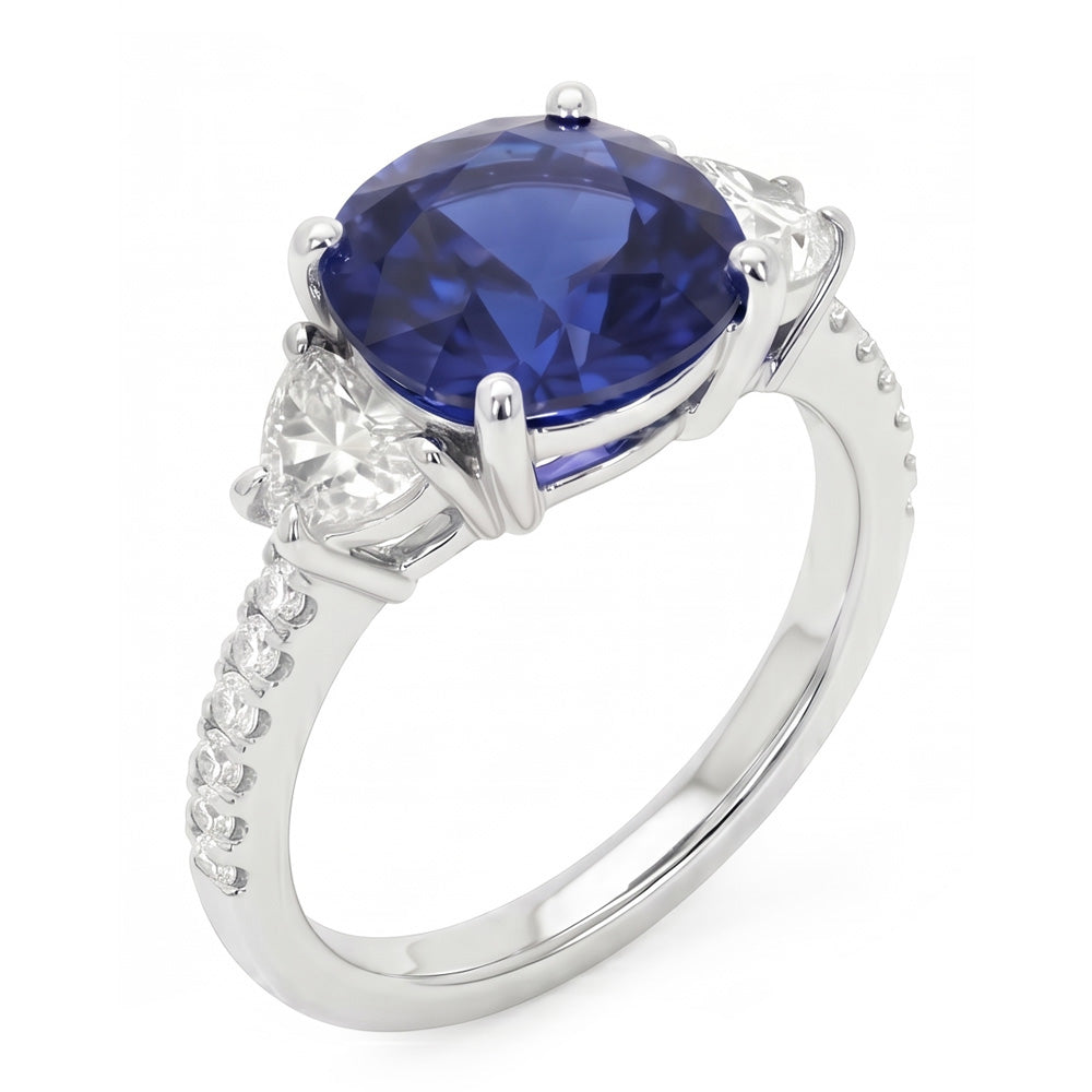 3 Stone Style Oval Ceylon Sapphire & Half Moon Natural Earth Mined Diamond ( Not Lab Grown )s Ring 11 Carats