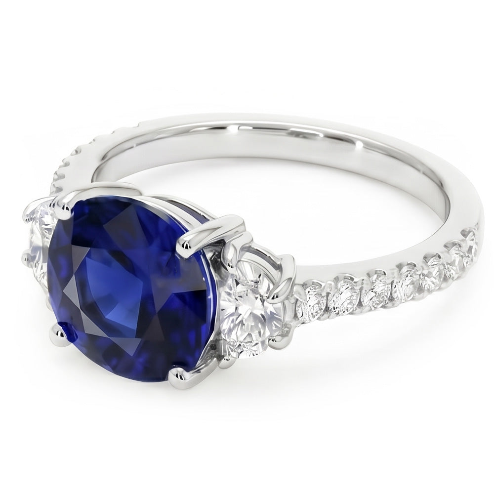3 Stone Style Oval Ceylon Sapphire & Half Moon Natural Earth Mined Diamond ( Not Lab Grown )s Ring 11 Carats