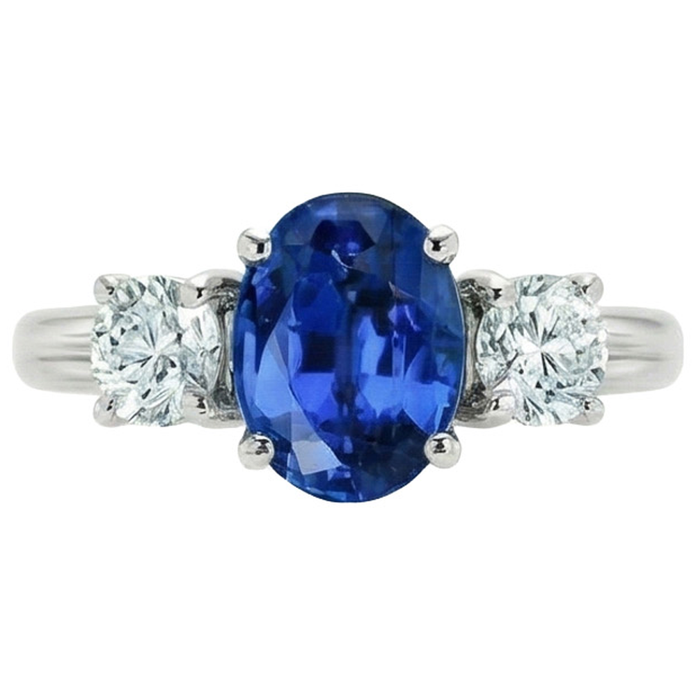 3 Stone Style Sri Lankan Sapphire With Natural Earth Mined Diamond ( Not Lab Grown ) s Ring 3 Carats WG 14K