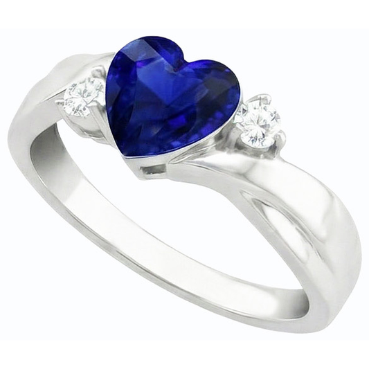 3 Stone Wedding Ring Blue Sapphire Heart & Round Natural Earth Mined Diamond ( Not Lab Grown )s 1.75 Carats