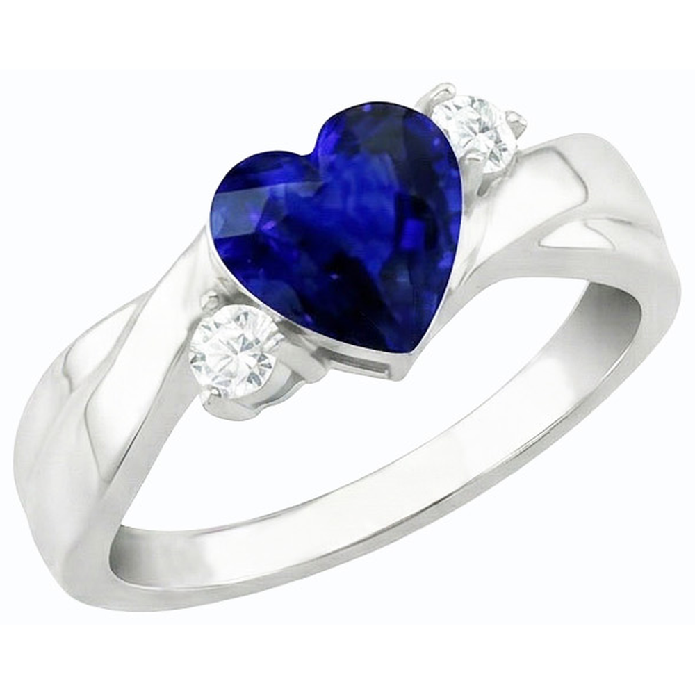 3 Stone Wedding Ring Blue Sapphire Heart & Round Natural Earth Mined Diamond ( Not Lab Grown )s 1.75 Carats