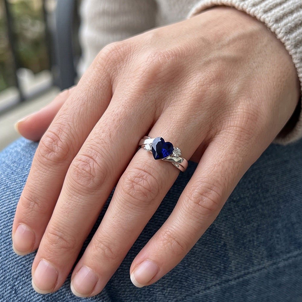 3 Stone Wedding Ring Blue Sapphire Heart & Round Natural Earth Mined Diamond ( Not Lab Grown )s 1.75 Carats