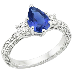 3 Stones Ring Antique Style Pear Blue Sapphire & Natural Earth Mined Diamond ( Not Lab Grown )s 3.50 Carats