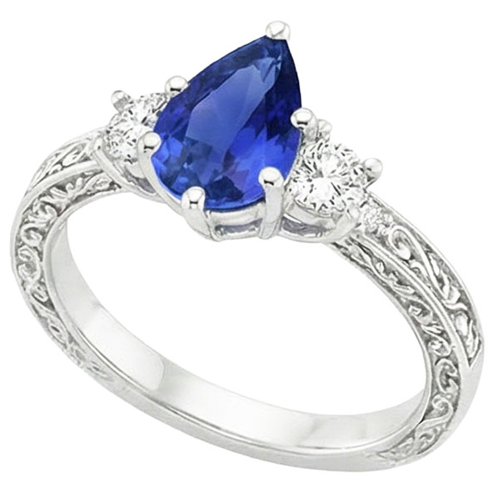 3 Stones Ring Antique Style Pear Blue Sapphire & Natural Earth Mined Diamond ( Not Lab Grown )s 3.50 Carats