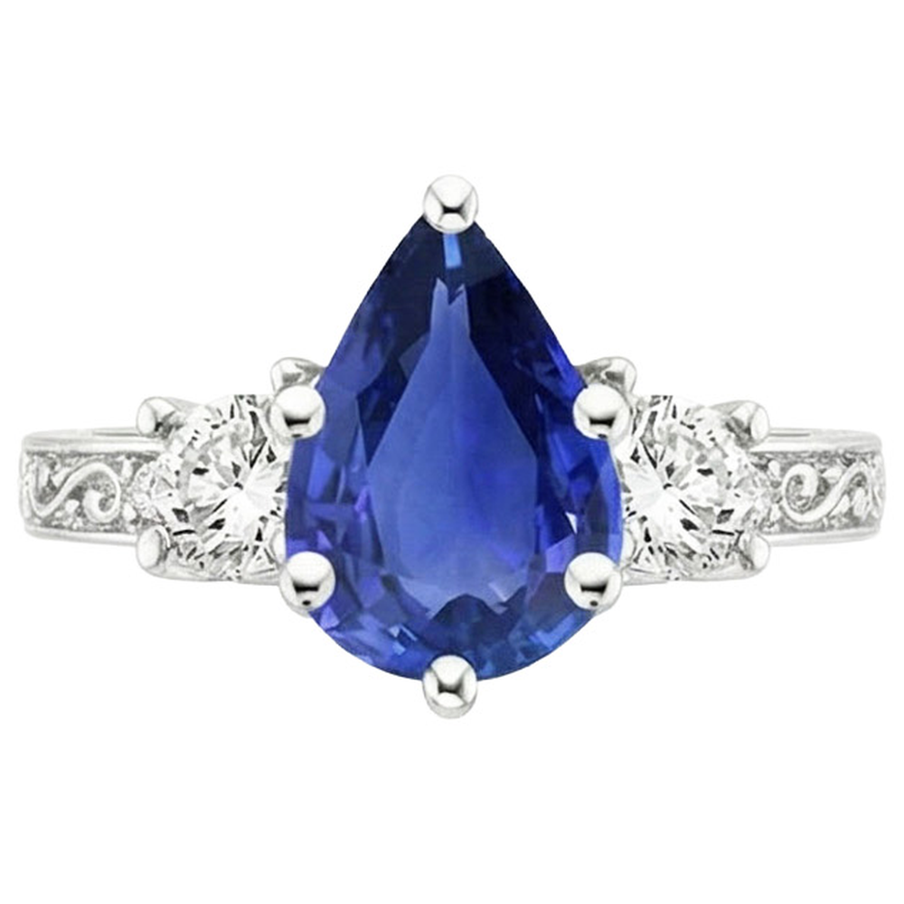 3 Stones Ring Antique Style Pear Blue Sapphire & Natural Earth Mined Diamond ( Not Lab Grown )s 3.50 Carats