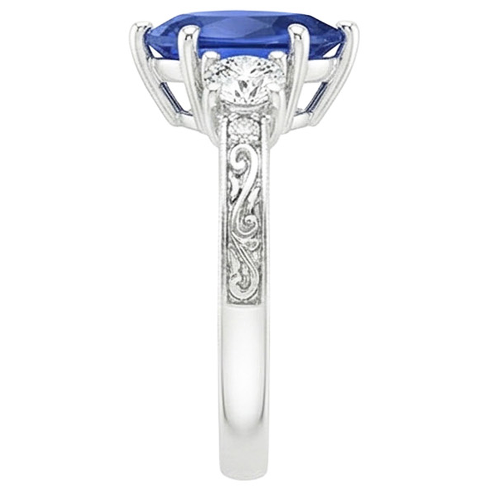 3 Stones Ring Antique Style Pear Blue Sapphire & Natural Earth Mined Diamond ( Not Lab Grown )s 3.50 Carats